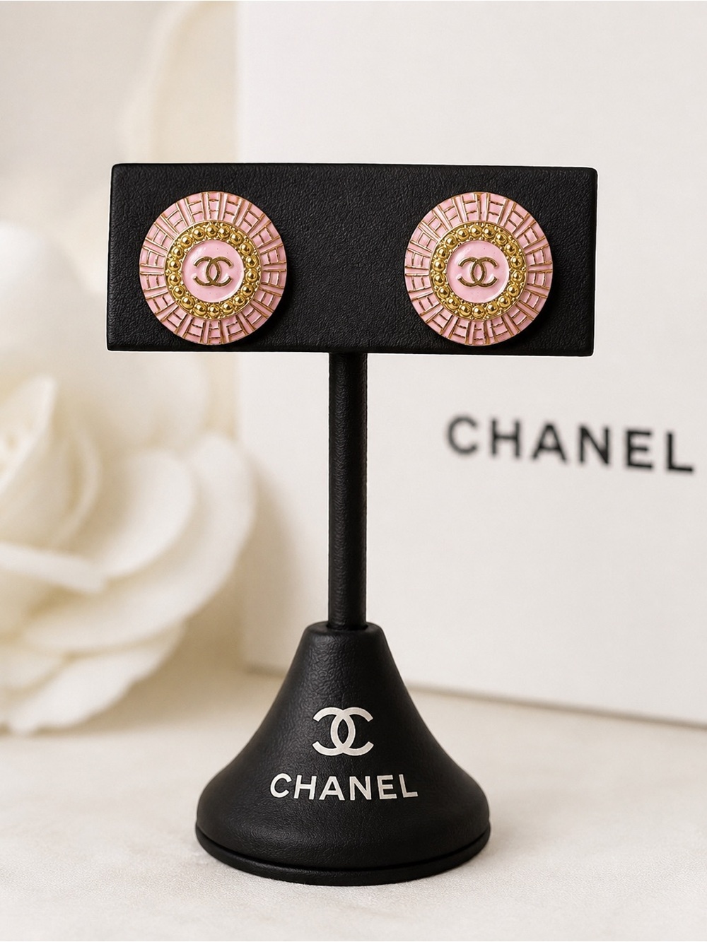 CHANEL Pink and Gold CC Round Button Earrings